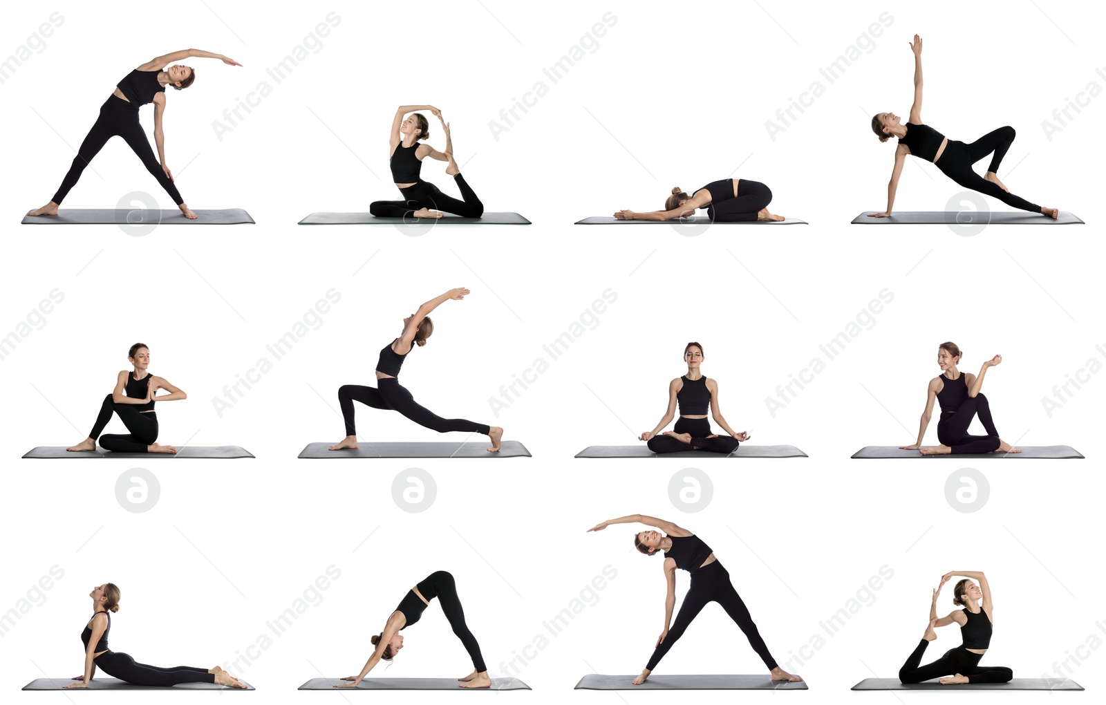 Image of Young woman practicing yoga on white background, collage 