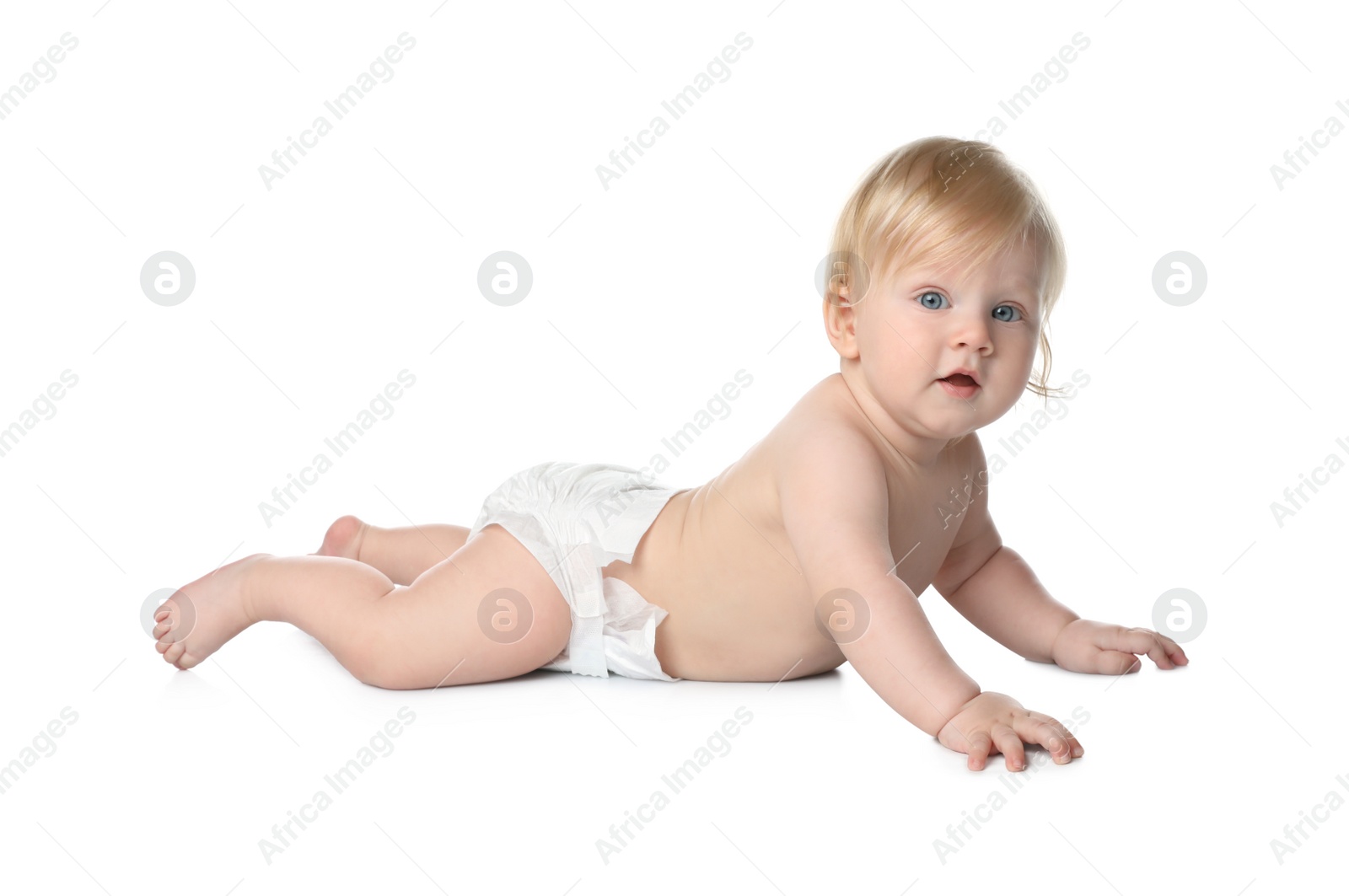 Photo of Cute little baby in diaper on white background