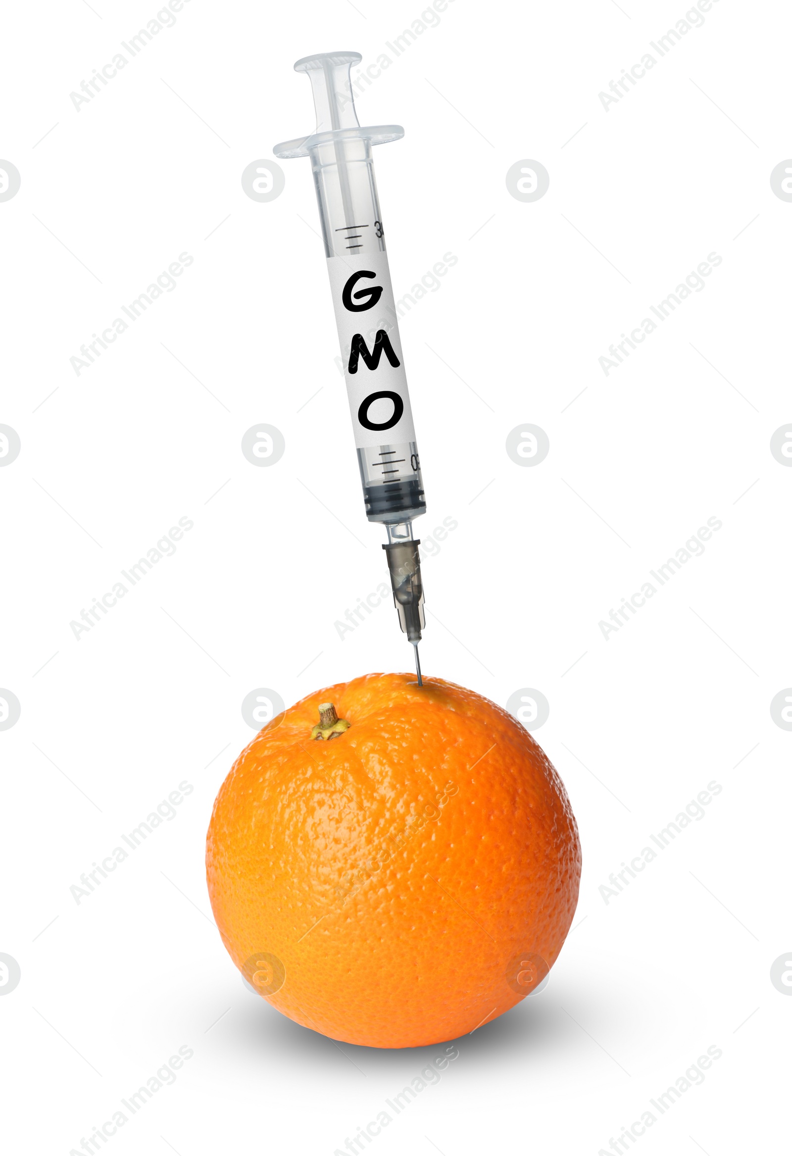 Image of Syringe with label GMO in tangerine on white background