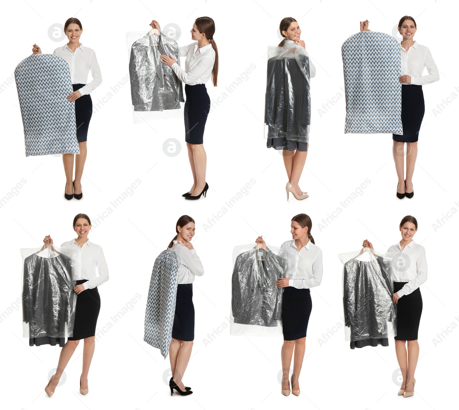 Image of Collage of woman holding hanger with clothes on white background. Dry-cleaning service