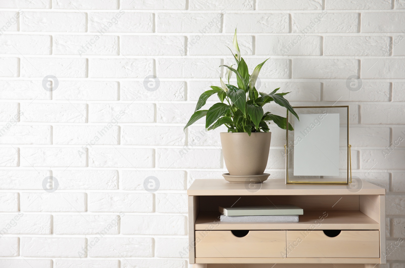 Photo of Spathiphyllum plant in pot and photo frame on table near brick wall, space for text. Home decor