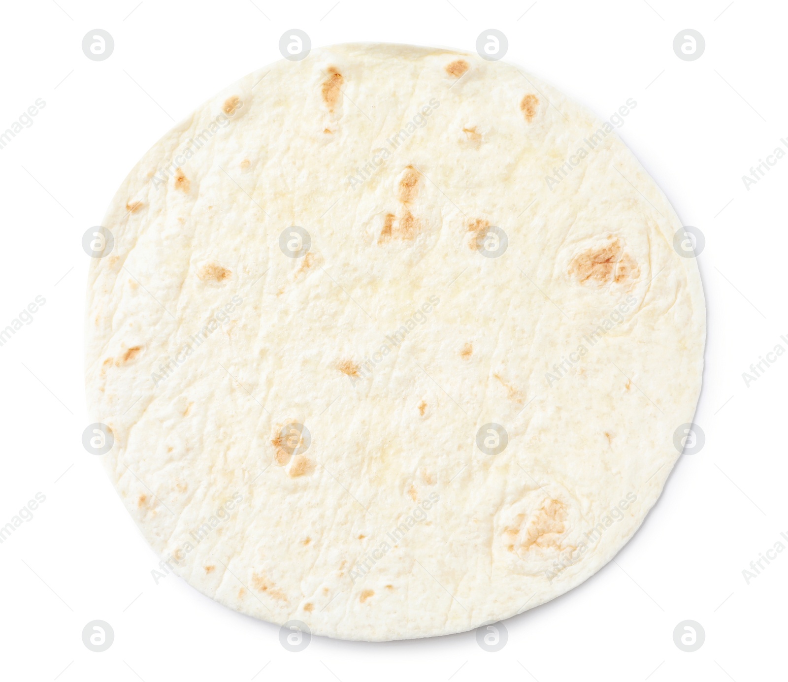 Photo of Corn tortilla on white background, top view. Unleavened bread