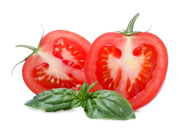 Photo of Fresh green basil leaves and cut tomato on white background