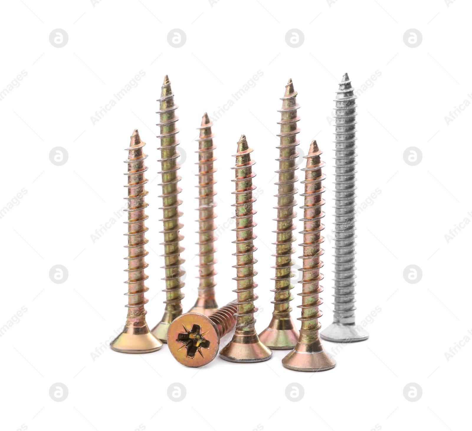 Photo of Metal screws isolated on white. Hardware tools