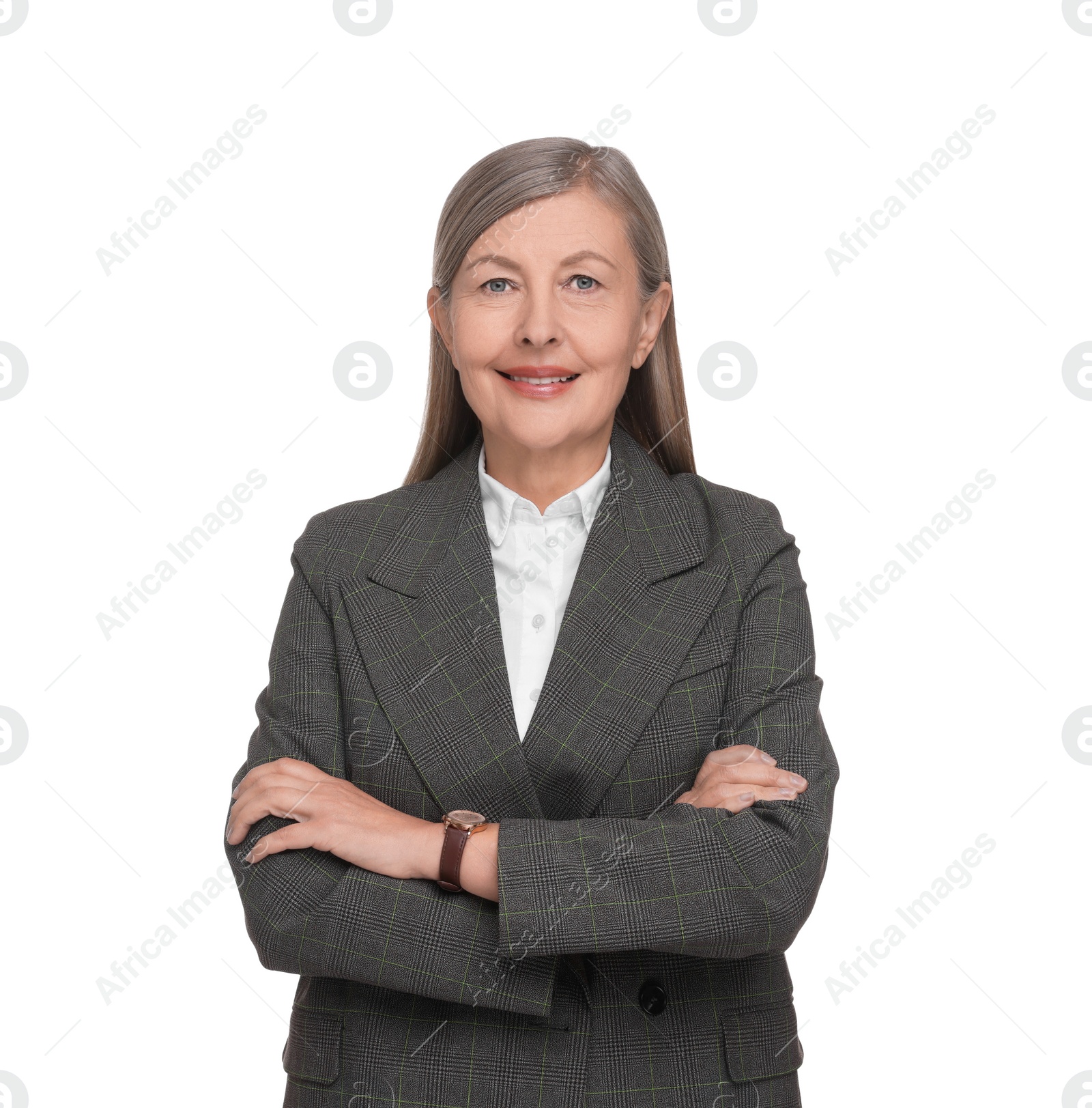 Photo of Portrait of smiling woman with crossed arms on white background. Lawyer, businesswoman, accountant or manager