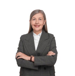 Photo of Portrait of smiling woman with crossed arms on white background. Lawyer, businesswoman, accountant or manager