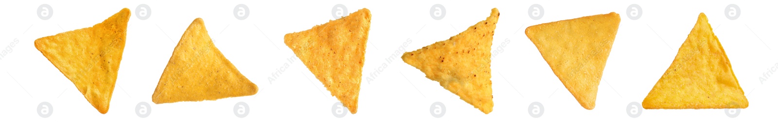 Image of Set with tasty tortilla chips (nachos) on white background. Banner design