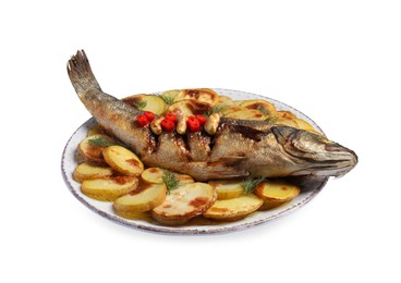Plate with delicious baked sea bass fish and potatoes on white background
