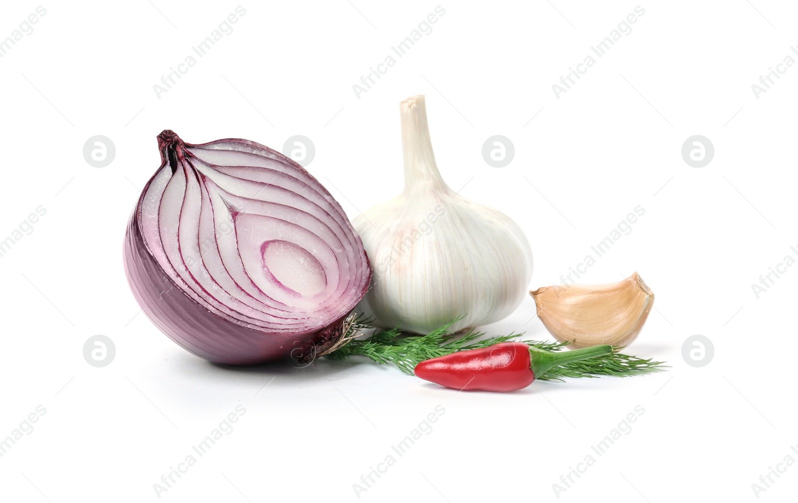 Photo of Garlic, onion, chili pepper and dill on white background