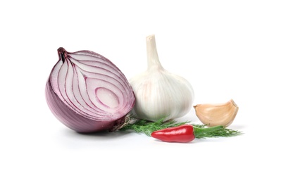 Photo of Garlic, onion, chili pepper and dill on white background