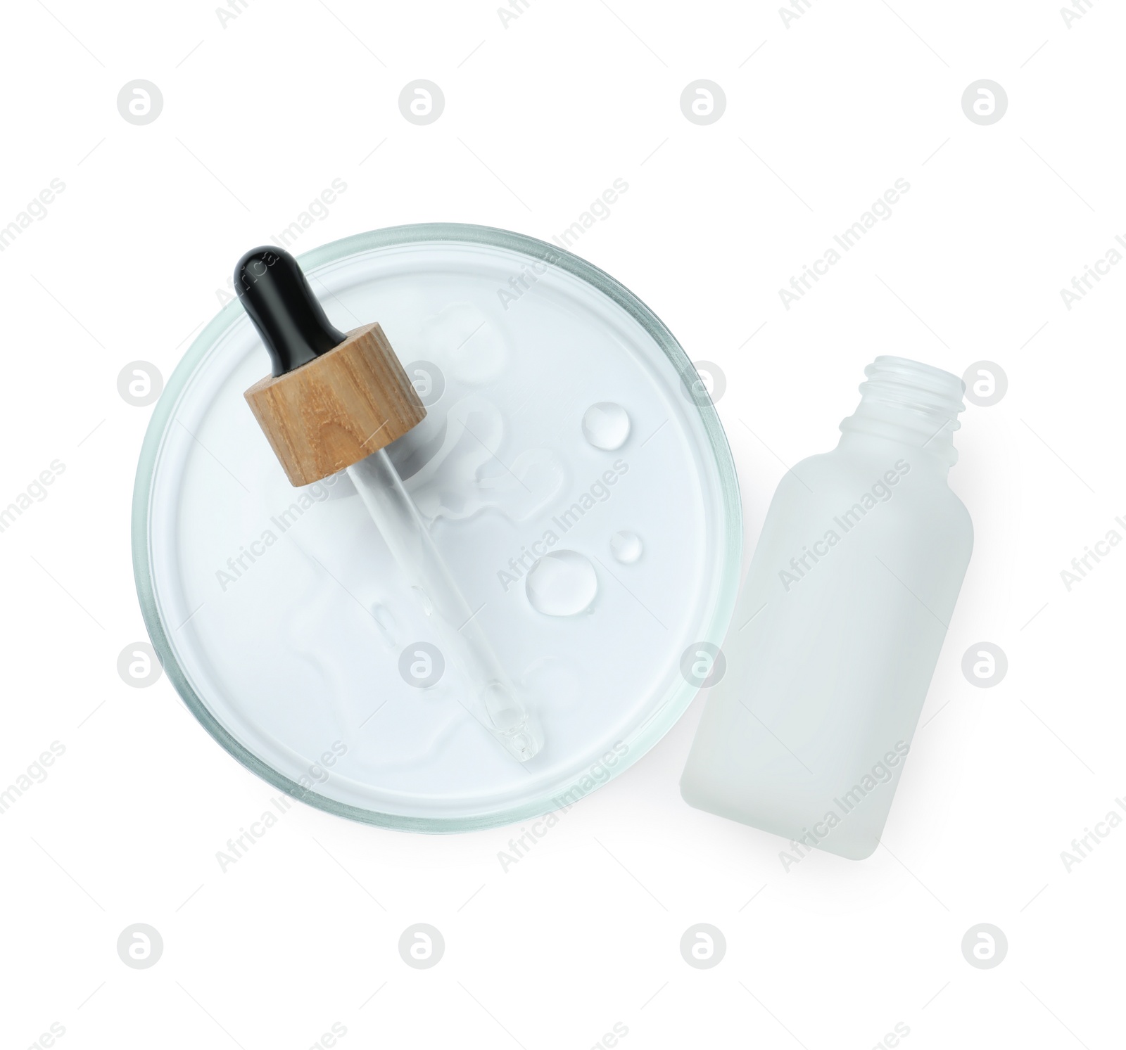 Photo of Petri dish with cosmetic product on white background, top view