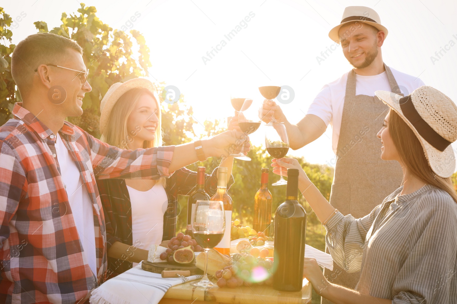 Photo of Friends holding glasses of wine and having fun in vineyard