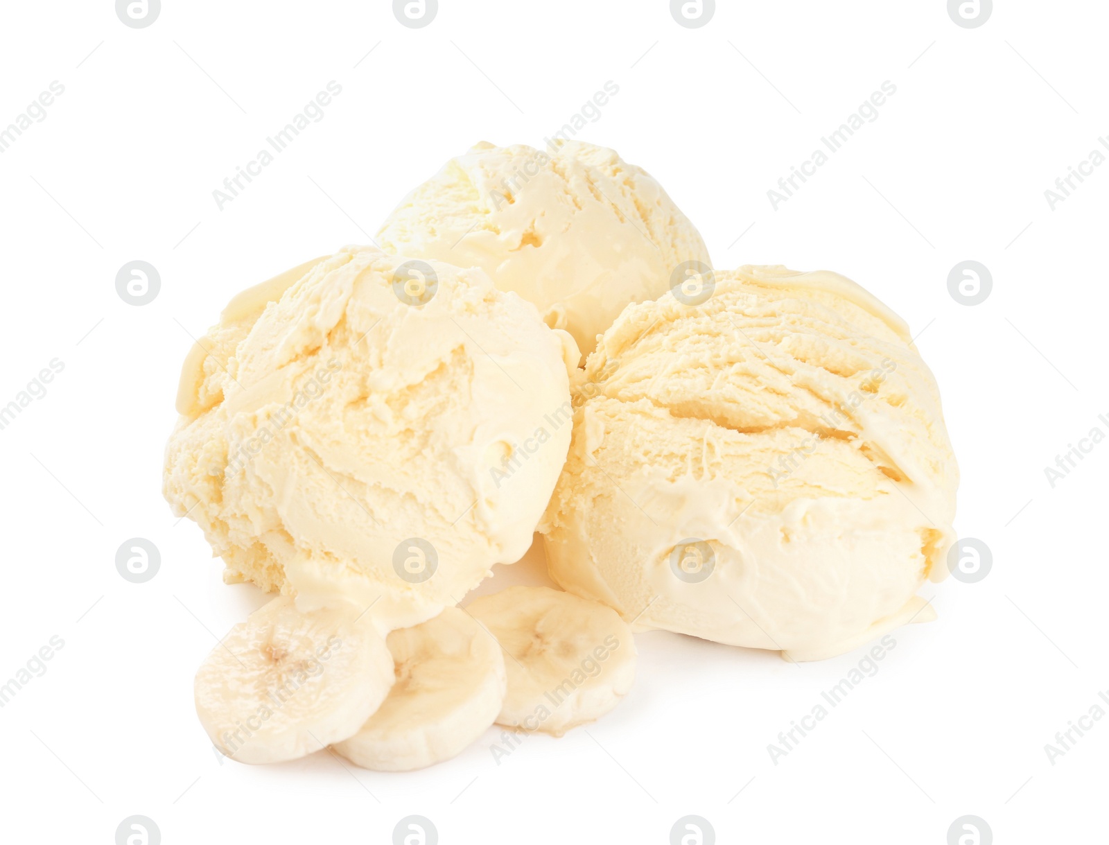 Photo of Delicious banana ice cream and fresh fruit on white background