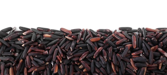 Photo of Raw black rice isolated on white, top view
