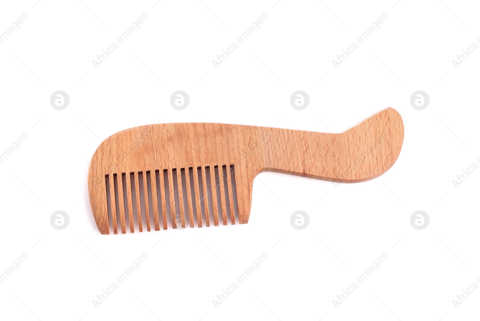 Photo of New wooden hair comb on white background, top view