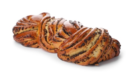 Photo of Tasty sweet bun with poppy seeds on white background