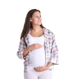 Photo of Happy pregnant woman posing on white background