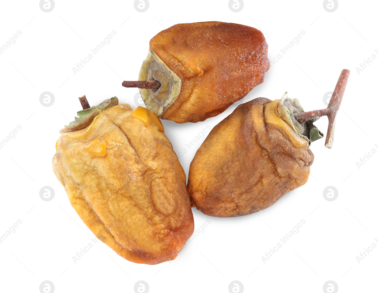 Photo of Tasty dried persimmon fruits on white background, top view