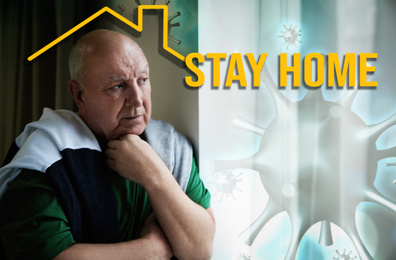 Image of Stay at home during coronavirus outbreak. Senior man near window in room 