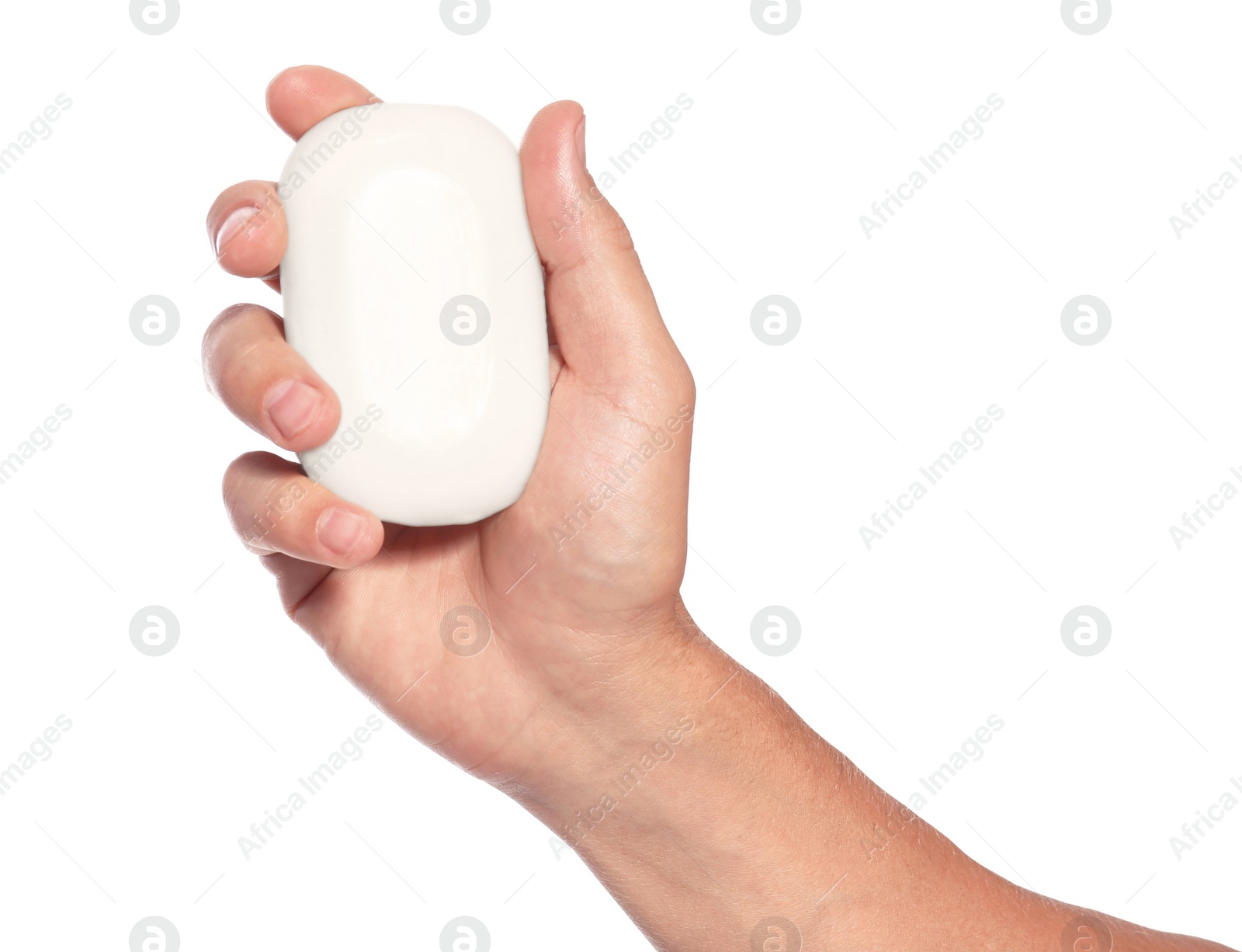 Photo of Man holding soap bar on white background