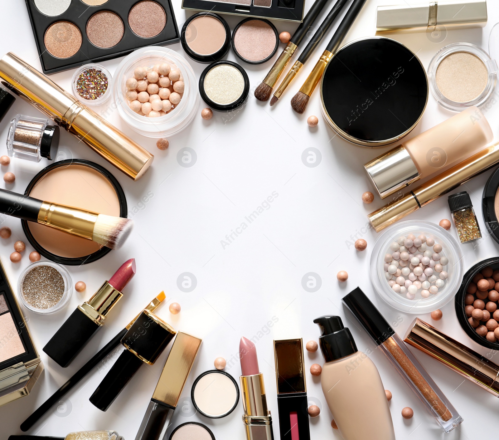 Photo of Different luxury makeup products on white background, top view. Space for text