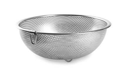 Photo of One metal sieve isolated on white. Kitchen utensil