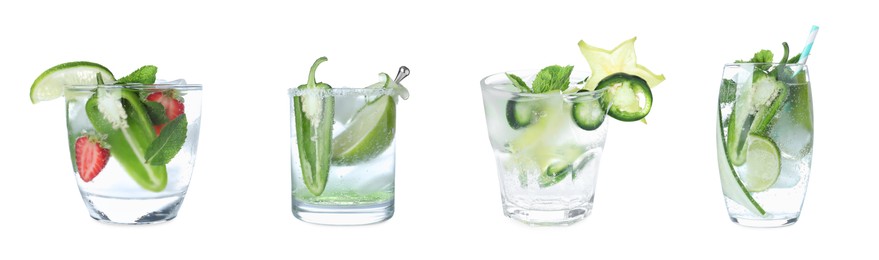 Image of Set of different spicy cocktails with jalapenos on white background. Banner design
