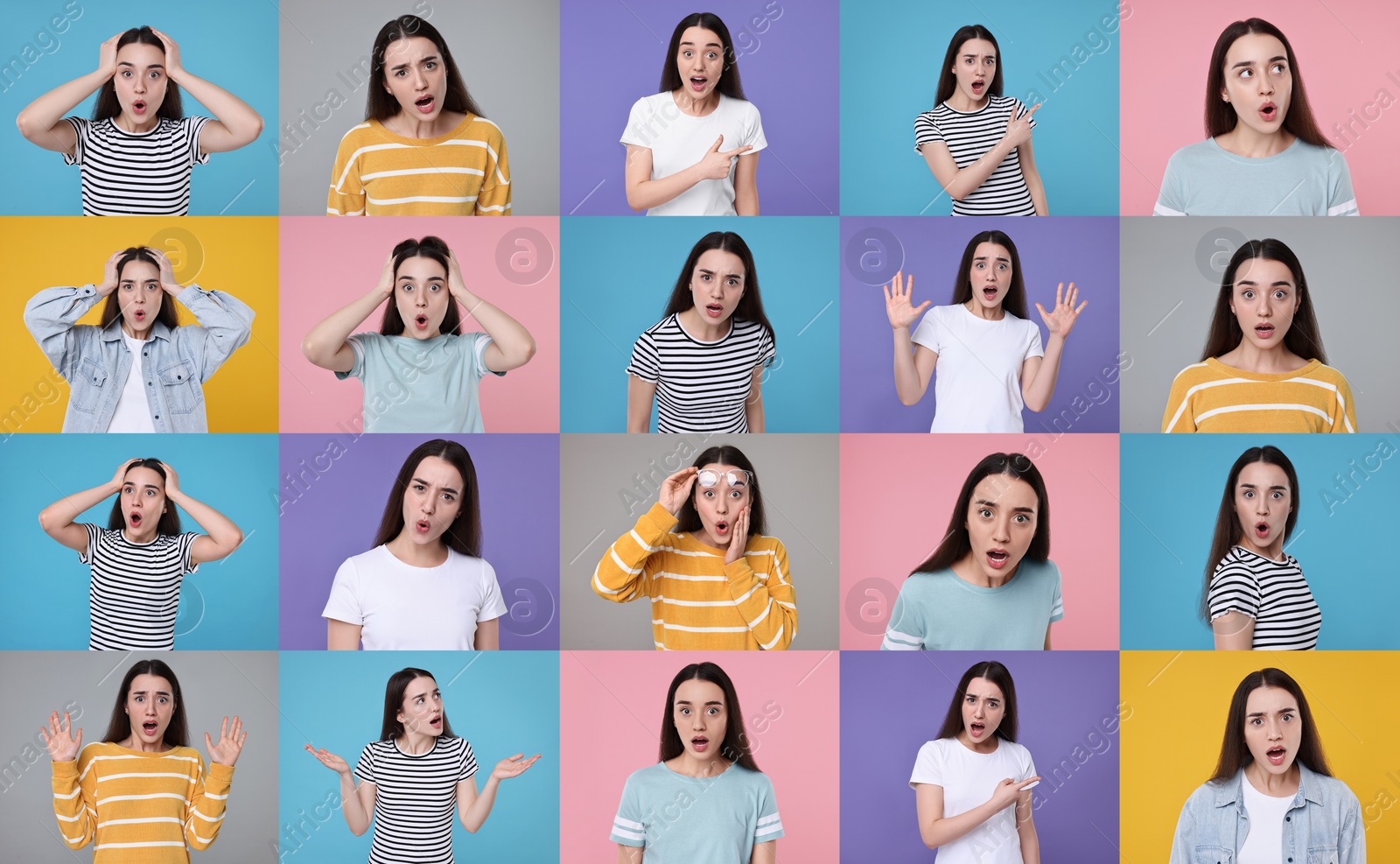 Image of Collage with photos of surprised woman on different color backgrounds