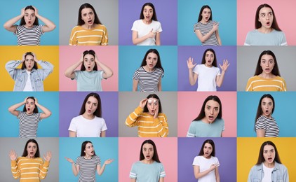 Collage with photos of surprised woman on different color backgrounds