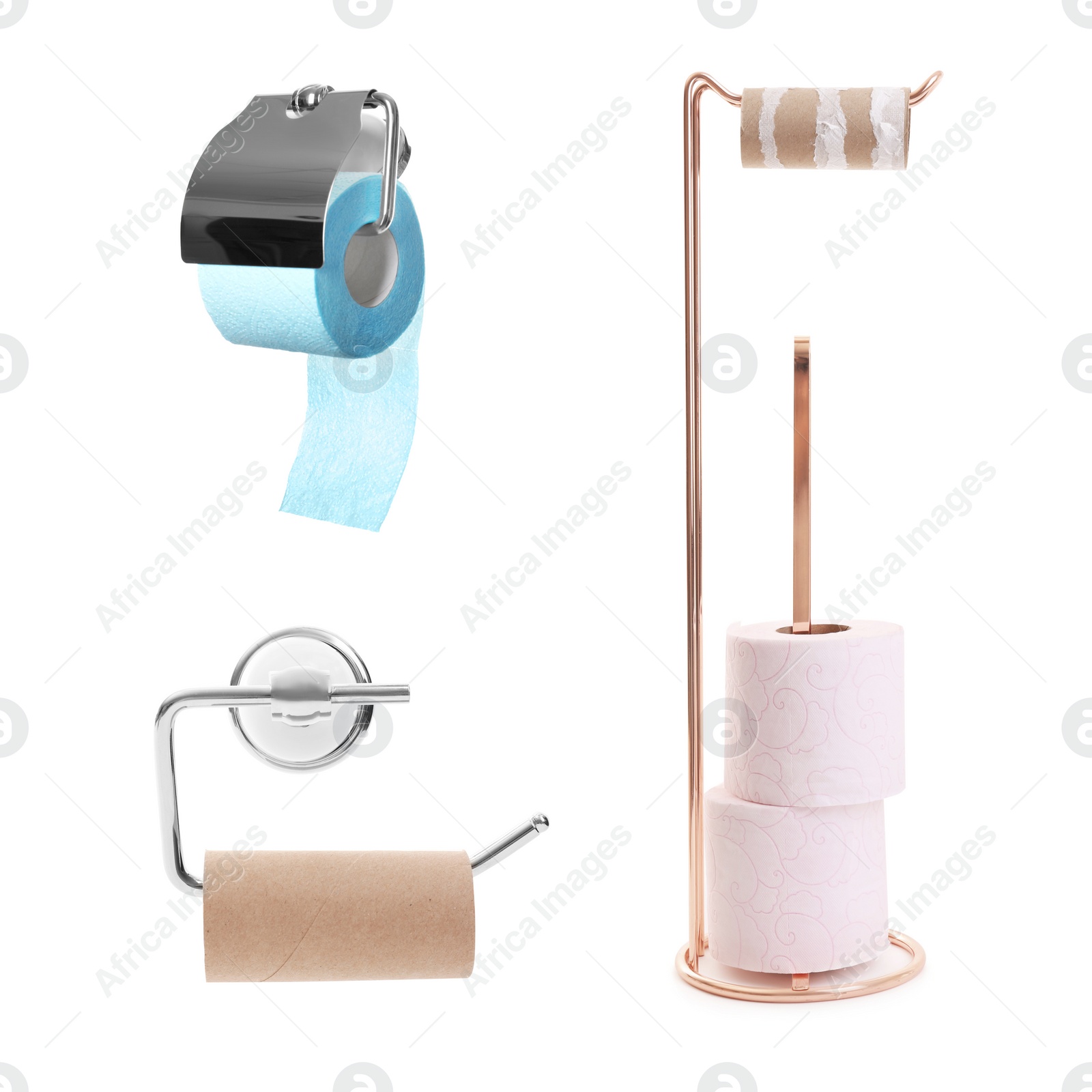 Image of Set with holders for toilet paper on white background