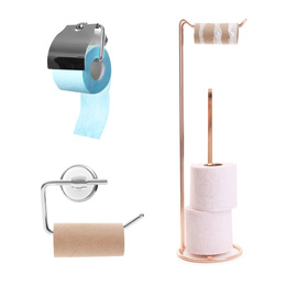 Image of Set with holders for toilet paper on white background