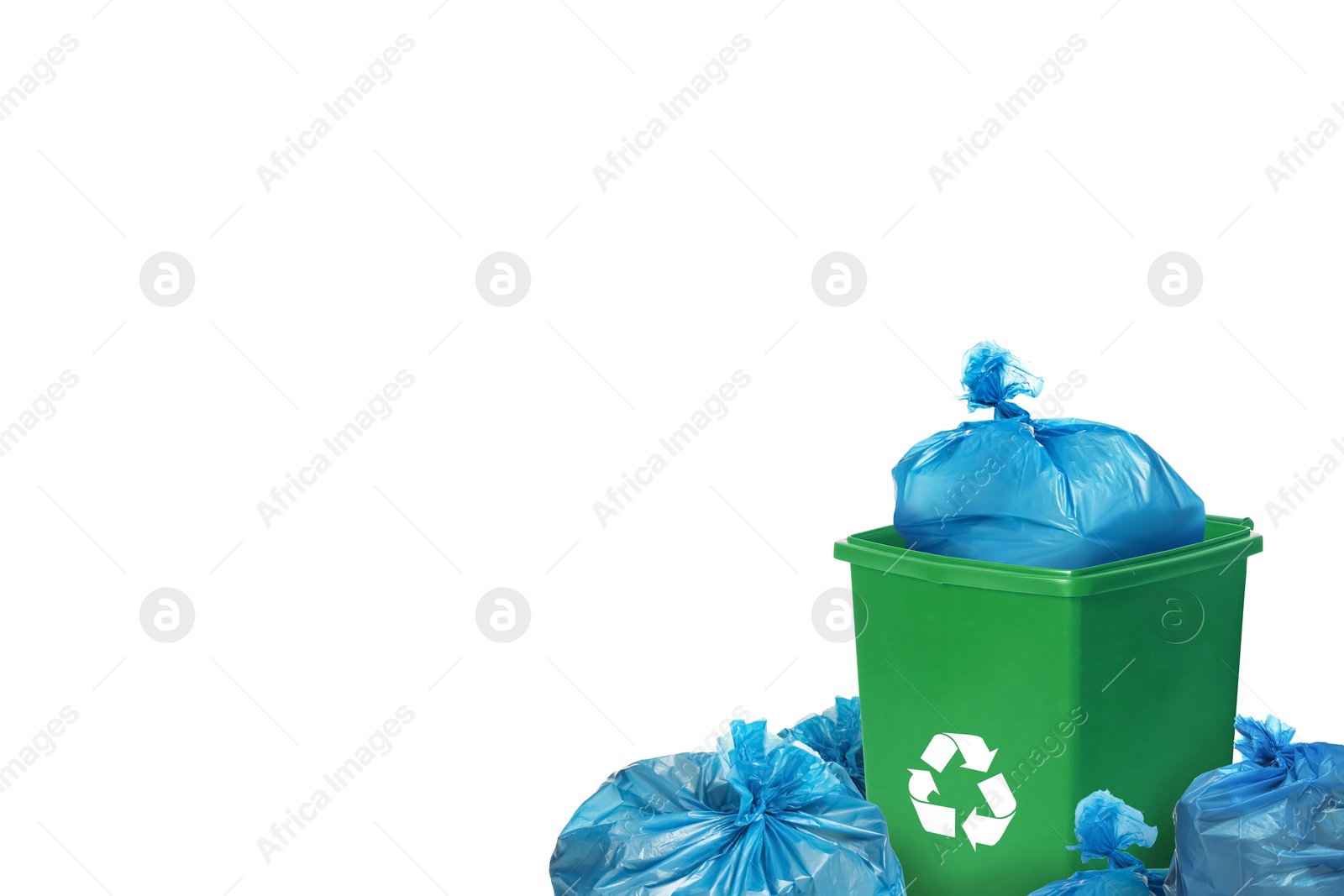 Image of Plastic bags full of garbage and waste bin on white background