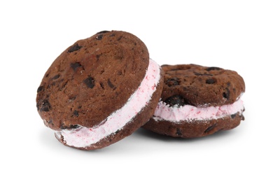 Photo of Sweet delicious ice cream cookie sandwiches on white background