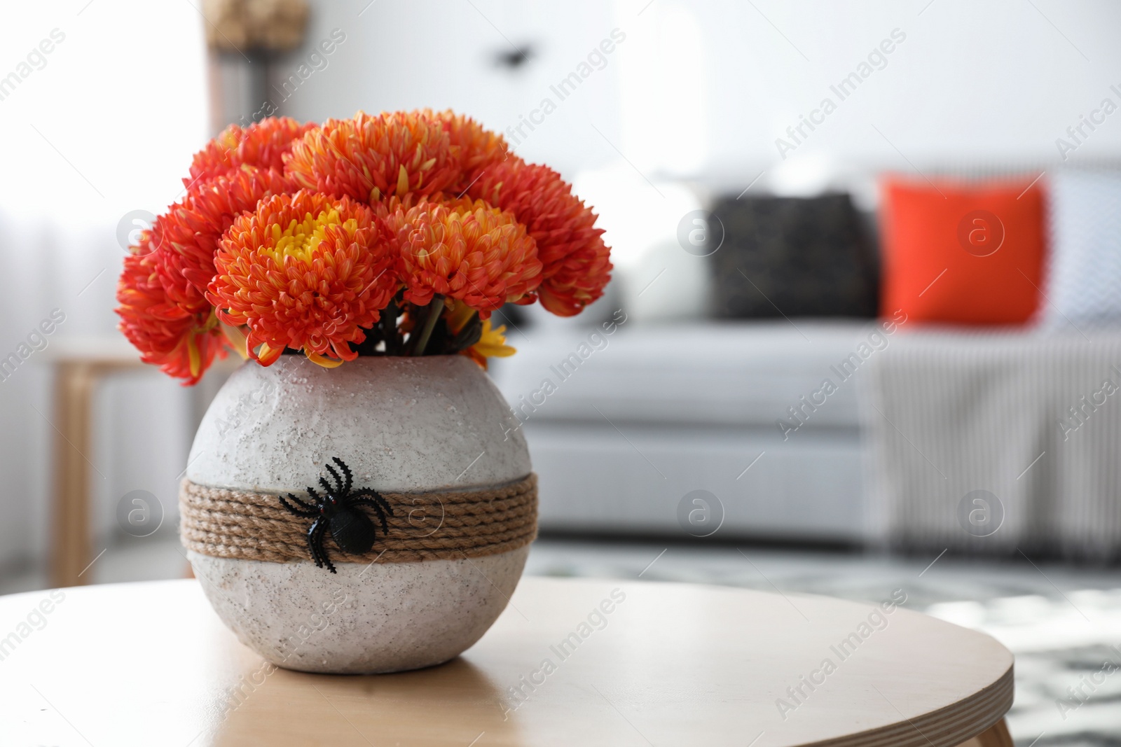 Photo of Beautiful flowers in vase with toy spider on table. Halloween interior decor