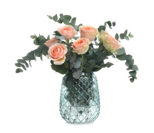 Photo of Vase with bouquet of beautiful roses on white background