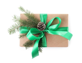 Photo of Christmas gift box with decoration on white background, top view