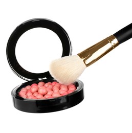 Photo of Luxury blusher with brush on white background. Makeup product