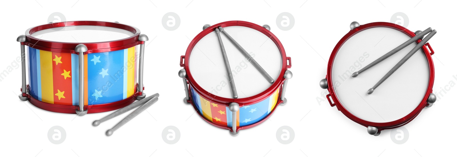 Image of Bright toy drum and sticks on white background, top and side views