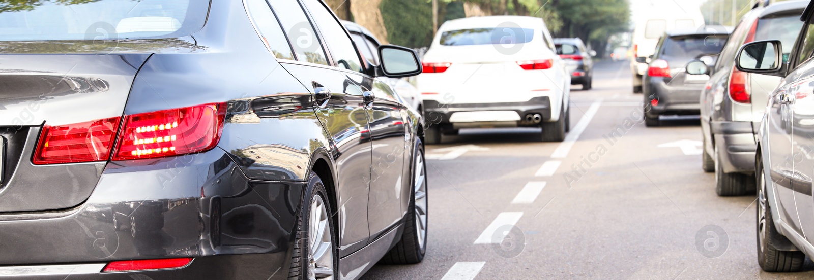 Image of Cars in traffic jam on city street. Banner design