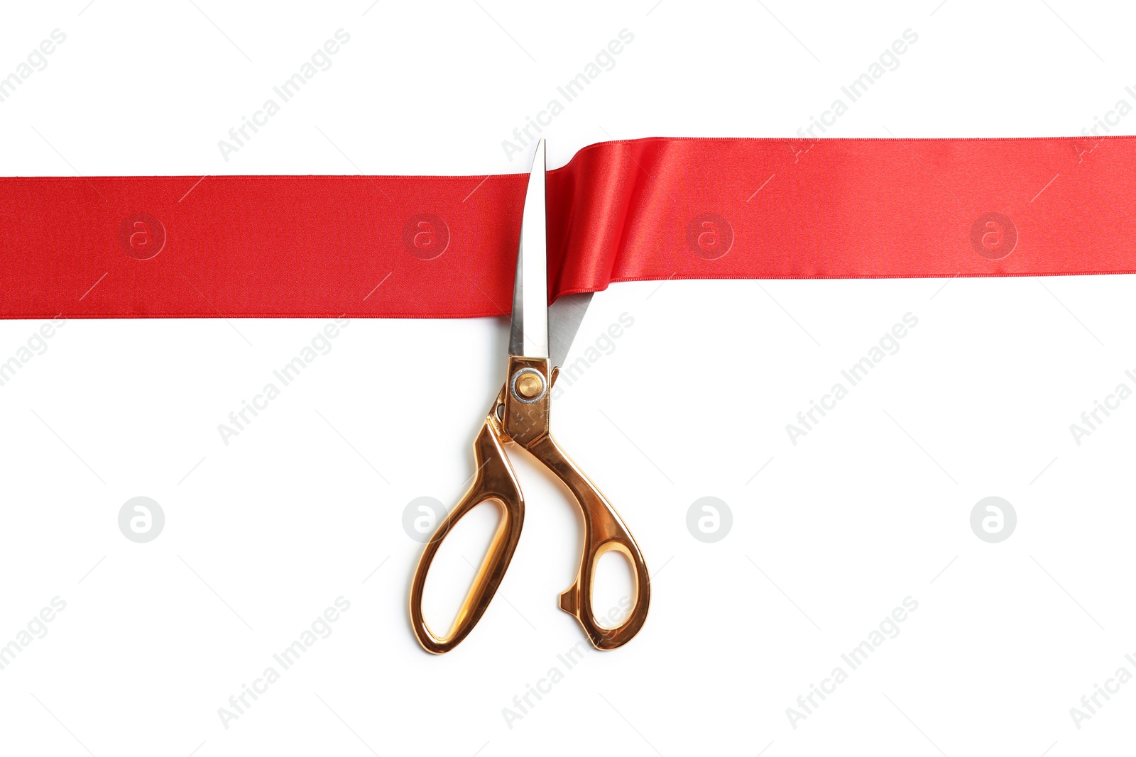 Photo of Ribbon and scissors on white background, top view. Ceremonial red tape cutting