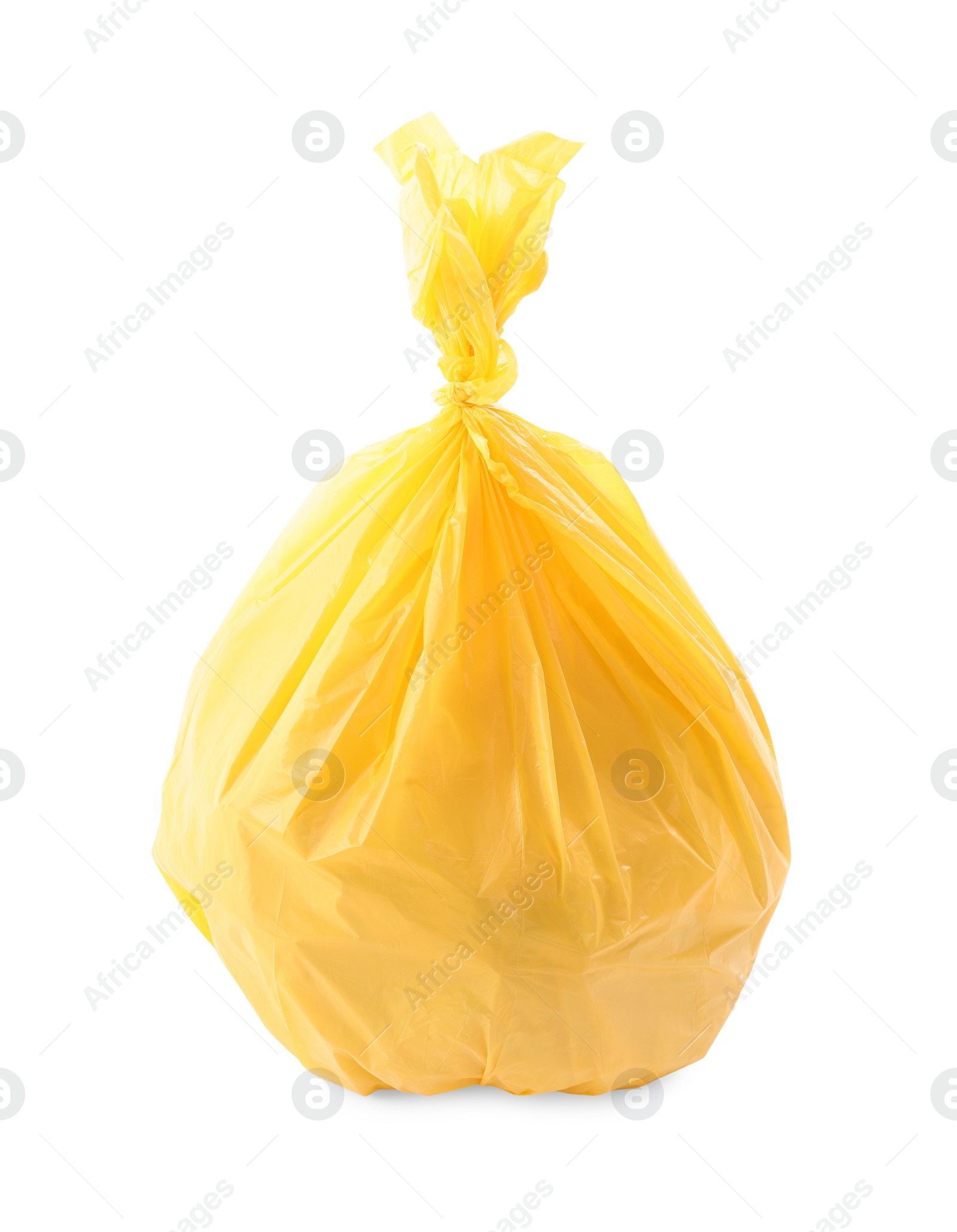 Photo of Yellow plastic garbage bag isolated on white