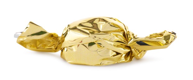 Photo of Candy in golden wrapper isolated on white