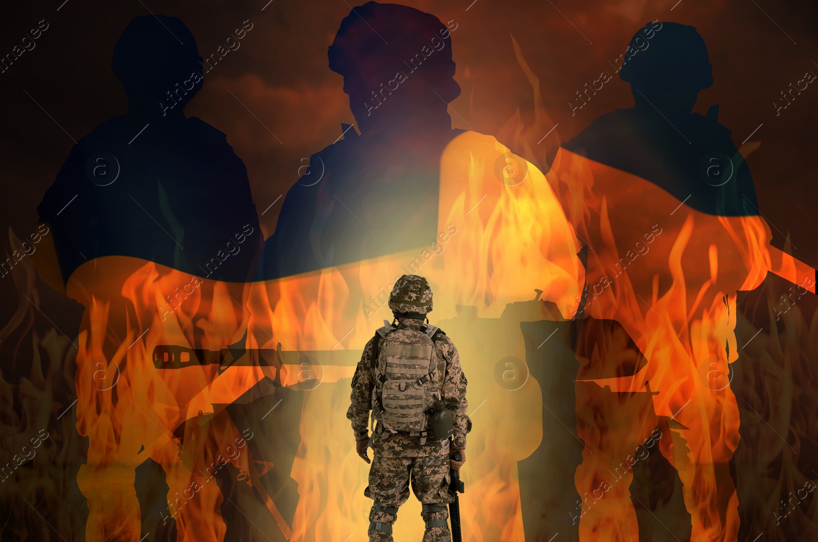 Image of Military, silhouettes of soldiers, flag of Ukraine, tank and flame, double exposure