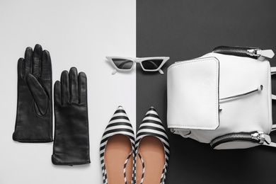 Flat lay composition with stylish black leather gloves, shoes and accessories on color background