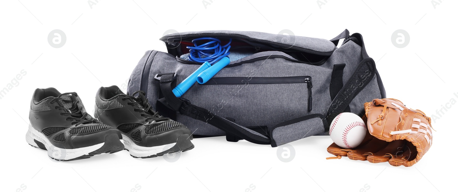 Photo of Gym bag with sports equipment on white background