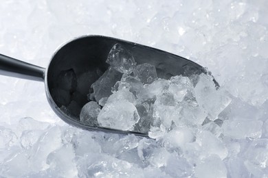 Photo of Metal scoop on crushed ice, closeup view