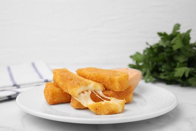 Photo of Plate with tasty fried mozzarella sticks on light table, closeup
