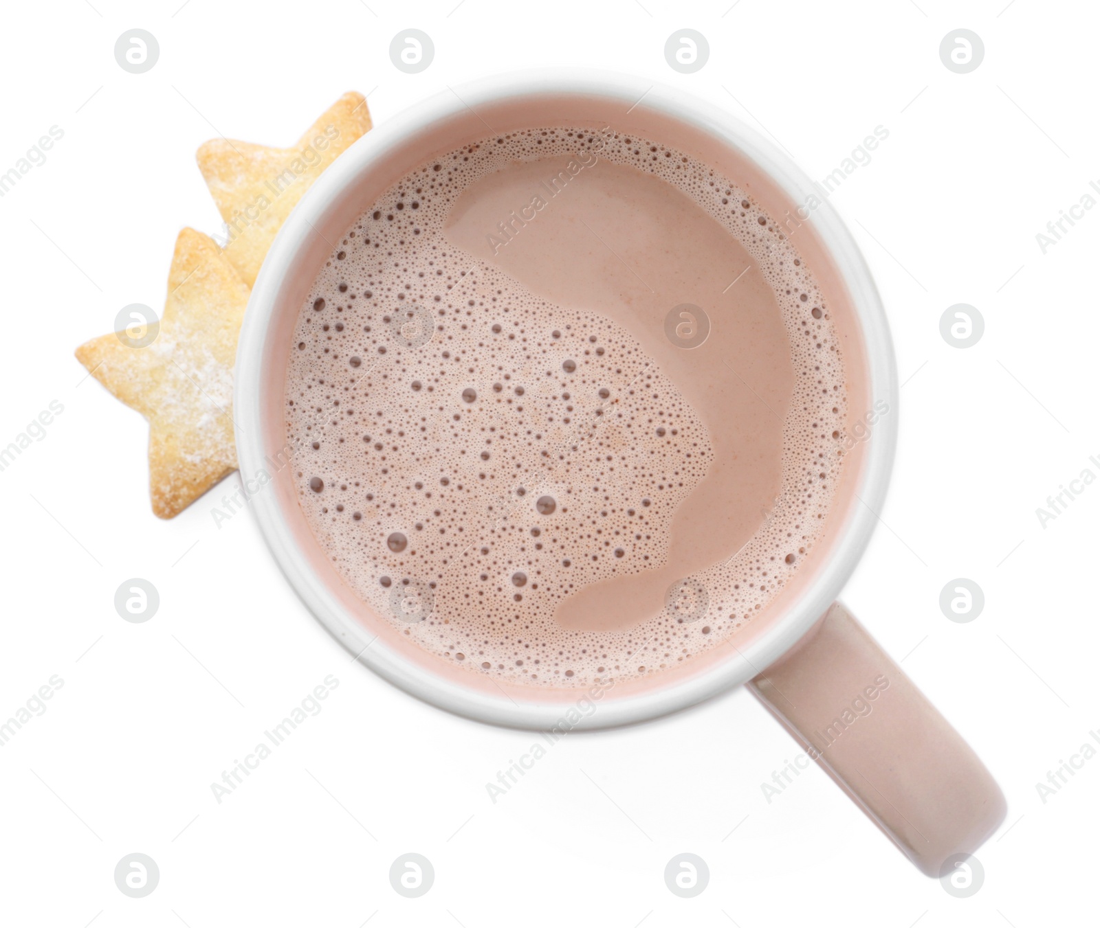 Photo of Delicious cocoa in beige cup and cookies on white background, top view