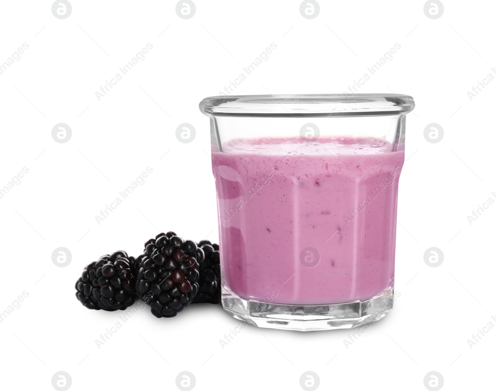 Photo of Delicious blackberry smoothie in glass and berries on white background