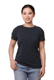 Woman wearing black t-shirt on white background